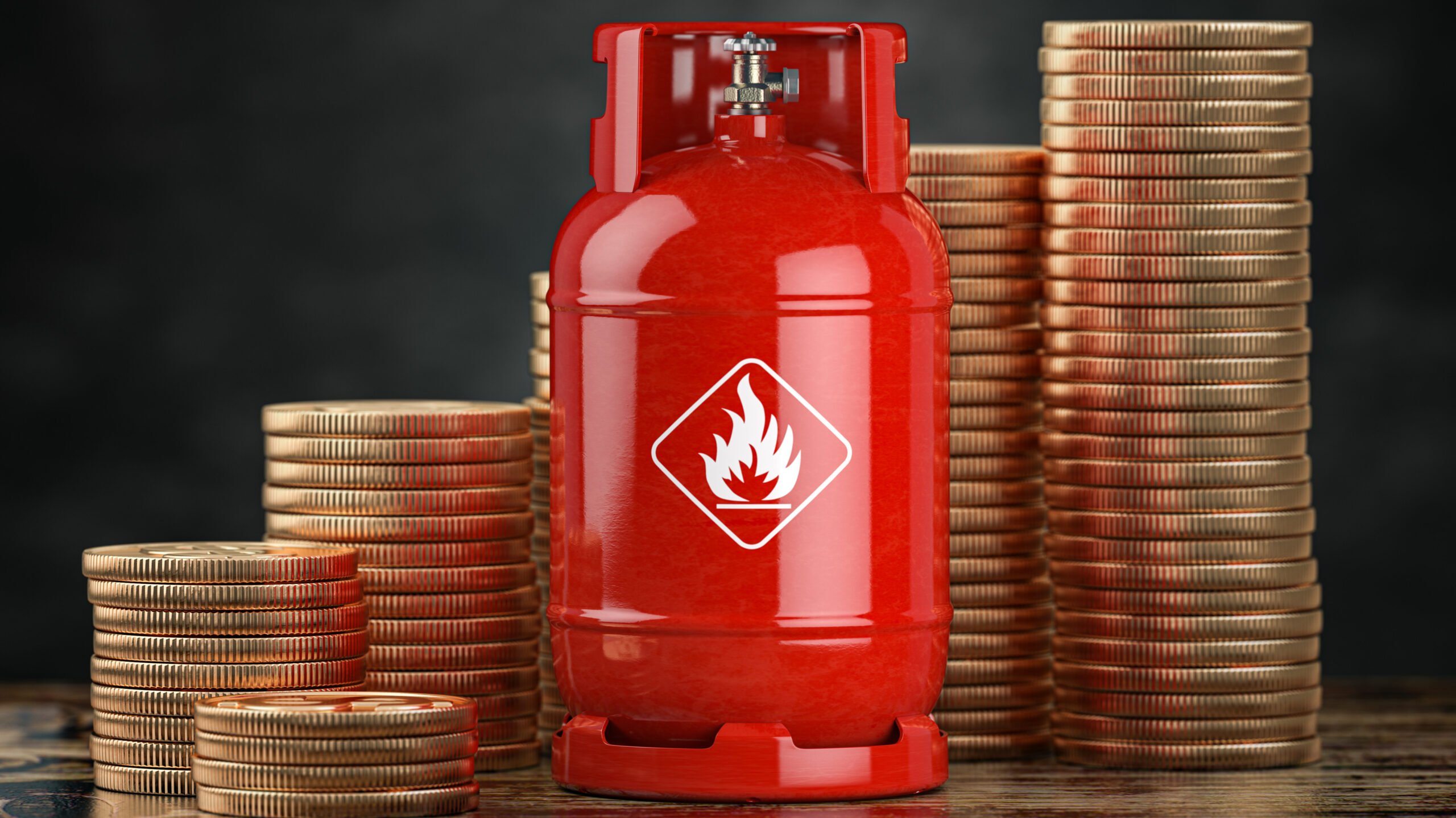 Gas bottle and stack of coins. Growth of price of LPG propane gas concept.